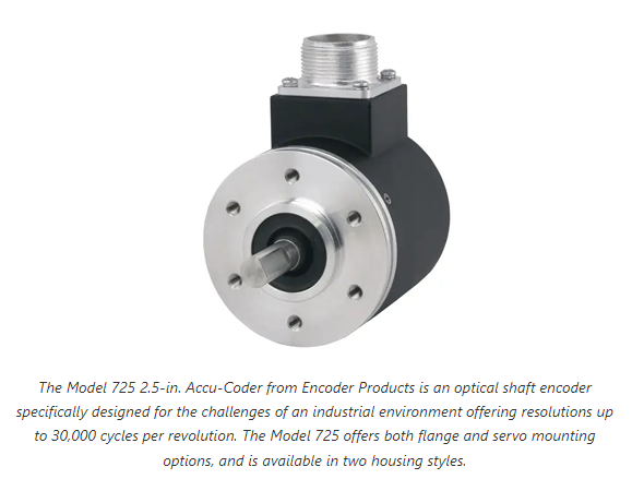The Model 725 2.5-in. Accu-Coder from Encoder Products is an optical shaft encoder specifically designed for the challenges of an industrial environment offering resolutions up to 30,000 cycles per revolution. The Model 725 offers both flange and servo mounting options, and is available in two housing styles.