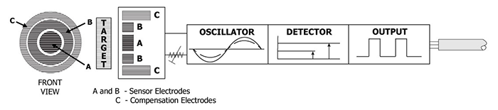 A capacitive sensor includes a capacitive probe, an oscillator, a signal rectifier, and an output circuit