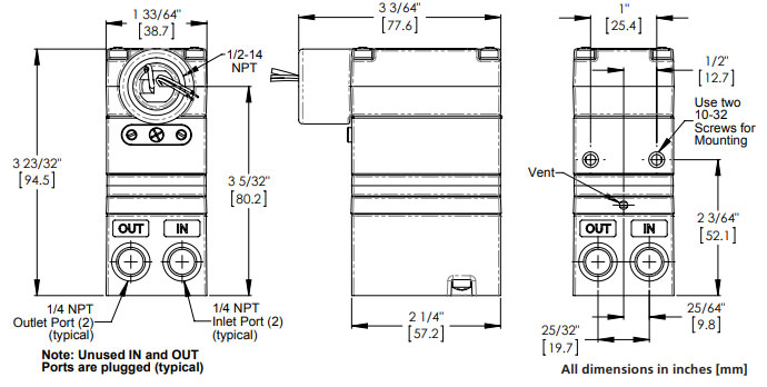 Rotork Fairchild Model TA7500 Low Pressure Electro-Pneumatic Transducer Dimensions